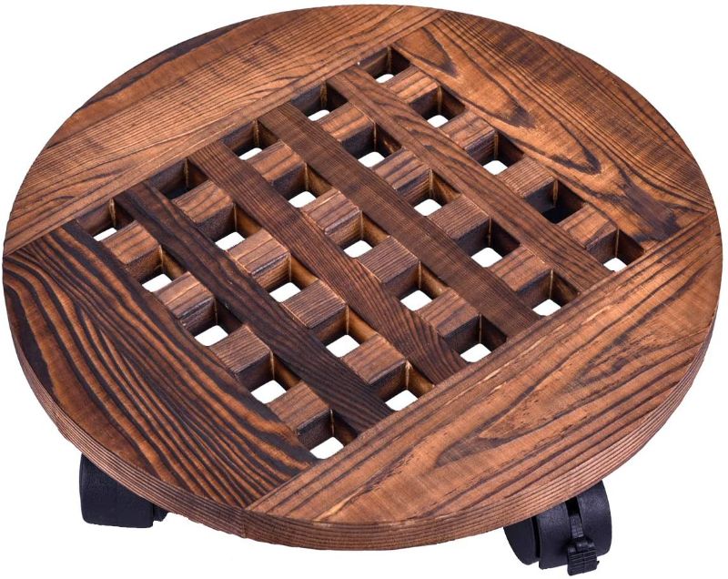 Photo 1 of 12" Inch Rolling Wooden Planter Caddy Potted Plant Stand with Wheels Round Flower Pot Rack Indoor Outdoor Planter Trolley with 360° Rotating Casters Rolling Tray Coaster Garden Pot Dolly