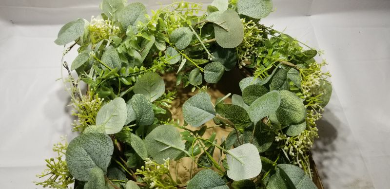 Photo 2 of 18" Green Wreath, Artificial Eucalyptus Wreath with Fern Leaves and Round Cream Berries for Spring/Summer Decoration on Front Door, Indoor Window Wall and Festival Decoration