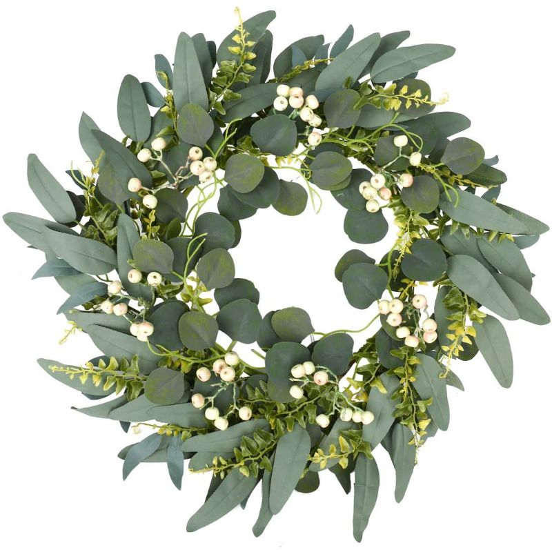 Photo 1 of 18" Green Wreath, Artificial Eucalyptus Wreath with Fern Leaves and Round Cream Berries for Spring/Summer Decoration on Front Door, Indoor Window Wall and Festival Decoration