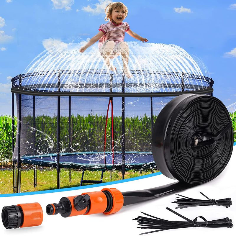 Photo 1 of PARIGO Trampoline Sprinkler Toys for Kids, Trampoline Water Park Sprinkler Fun Summer Outdoor Water Games Yard Toys, Trampoline Accessories Backyard Water Play for Boys Girls Adults 39ft
