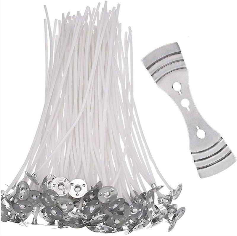 Photo 1 of 100 Pieces Candle Wicks for Candle Making Pre Waxed Wicks 10cm Long with 1 Piece Stainless Wick Fixed Holder for Candle Making, Candle DIY, 4 Packs