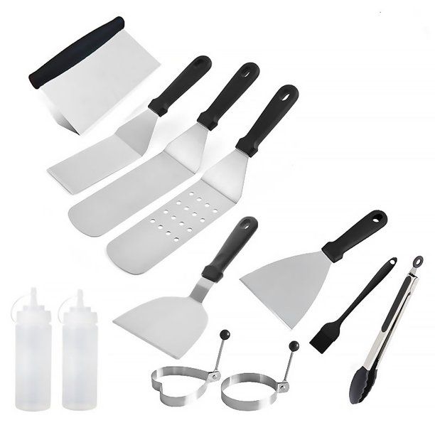 Photo 1 of 10Pcs BBQ Tools Set Stainless Steel Spatula Squeeze Bottle Oil Brush Tongs BBQ Scraper Grill Accessories