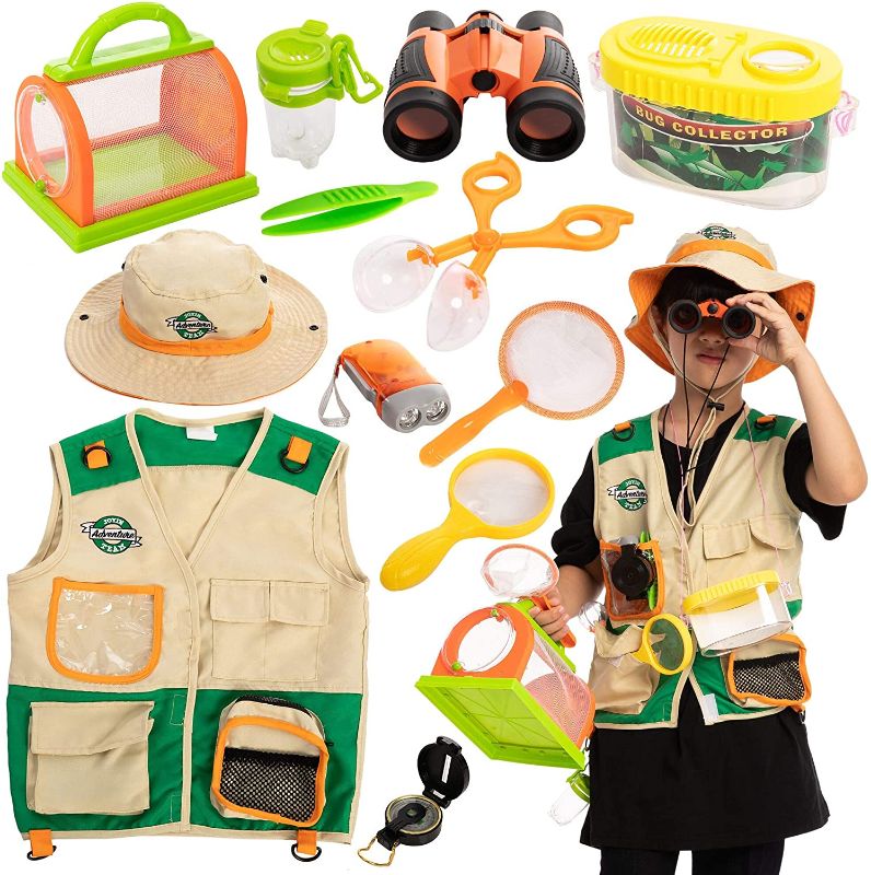 Photo 1 of Outdoor Explorer Kit, Bug Catcher for Kids (Vest, Hat, Flashlight Compass, Binoculars, Magnifying Glass and Butterfly Net), Kids Camping Gear, Educational Toys, Halloween Birthday Gift for Kids