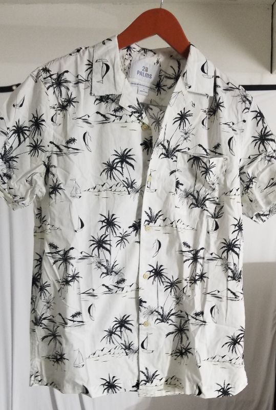 Photo 1 of 28 PALMS BUTTON DOWN TROPICAL PRINT SHIRT, WHITE AND BLACK, MED