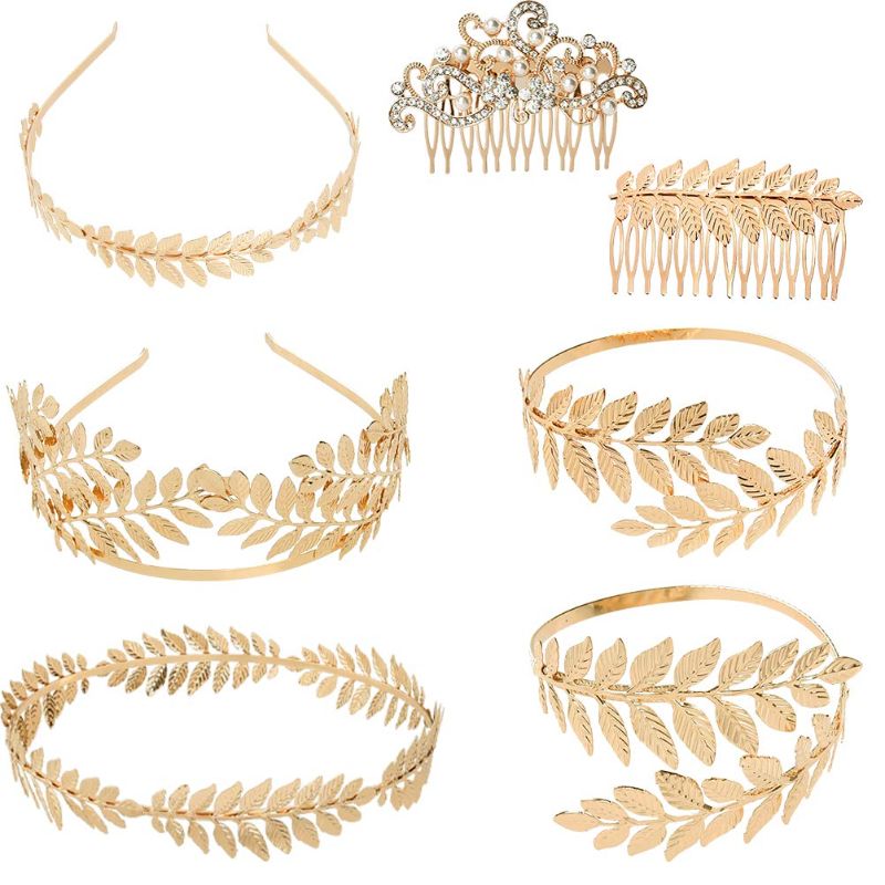 Photo 1 of 7pcs Greek Roman Laurel Leaf Bangle Gold Leaves Crown Tiara Costume Accessories For Women Leaf Headband Bracelet Comb Hair Bridal Wedding Hair Accessories
