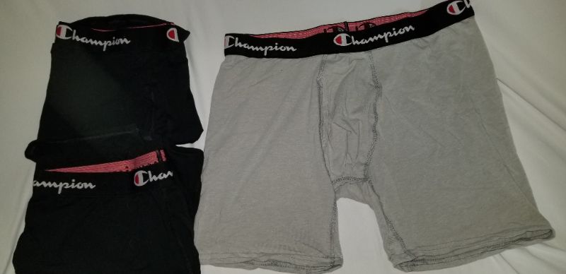 Photo 1 of CHAMPION THREE PACK BOXER SHORTS, 2XL, BLACK AND GRAY