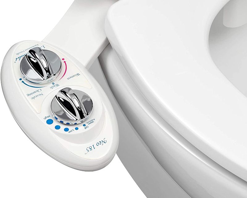 Photo 1 of  Luxe Bidet Neo 185 (Elite Series) toilet bidet fixture, self-cleaning double nozzle, fresh water, non-electric, mechanical, with strong tap valves and metal hoses, Neo 185 white