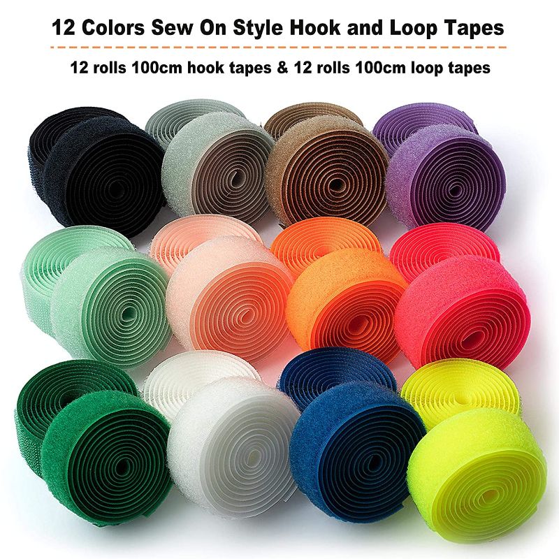 Photo 1 of 12 Colors 24 Rolls Hook and Loop Strips for Sewing Non Adhesive Fixing Tape Rolls for Crafts, Clothes, Shoes (1 Inch