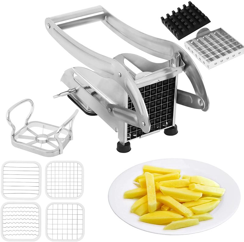 Photo 1 of 2 Blade Stainless Steel French Fries Cutter, Commercial Grade Vegetable Potato Slicer with Non-slip Suction Base, with Set of 5 Manual Potato Shredders
