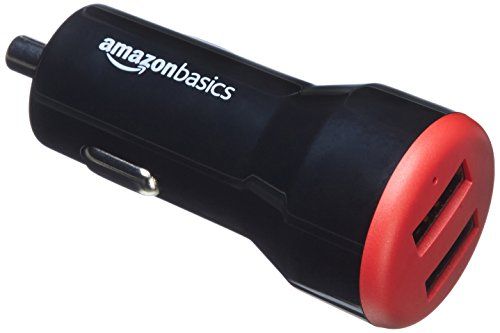 Photo 1 of Amazon Basics Dual-Port USB Car Charger Adapter for Apple and Android Devices, 4.8 Amp, 24W, Black and Red