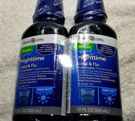 Photo 2 of Amazon Basic Care Vapor Ice Nighttime Severe Cold and Flu, Pain Reliever and Fever Reducer, Nasal Decongestant, Antihistamine and Cough Suppressant, 12 Fluid Ounces 2 Pack, Best By 12/2022