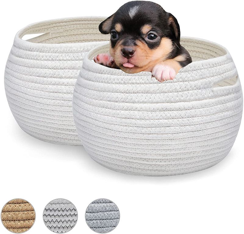 Photo 1 of XMWEALTHY Small Cotton Rope Basket for Dog Toy & Cat Toy Bins Set of 2 Round Baskets for Storage and Organizing White Baskets Towel Plant 9.5" W x 6.5" H
