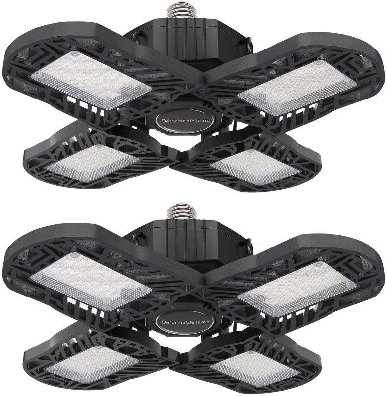 Photo 2 of 2Pack LED Garage Lights, 6000 Lumens Deformable Garage Light, 60W Ultra-Bright Trilight Lamp Set with 3 Adjustable Aluminum Panels, CRI 80, 6000K-6500K Nature Light for Shop, Garage, Warehouse
