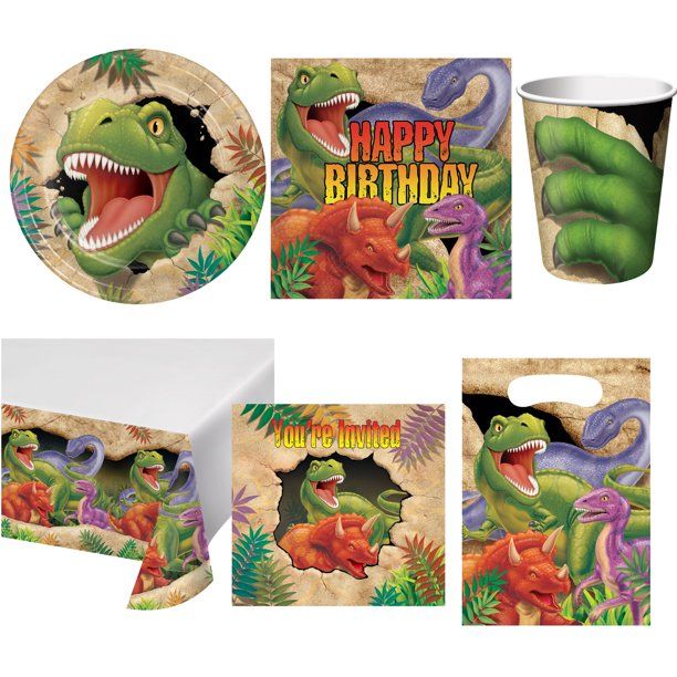 Photo 1 of Dino Blast Birthday Party Set 49 Pieces,9 Oz. Cup,9" Plate,Luncheon Napkin,Plastic Table Cover,Invitation,Loot Bags
