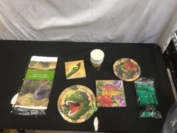 Photo 2 of Dino Blast Birthday Party Set 49 Pieces,9 Oz. Cup,9" Plate,Luncheon Napkin,Plastic Table Cover,Invitation,Loot Bags
