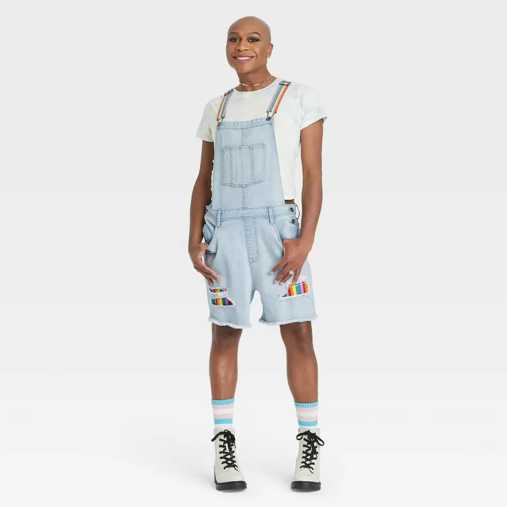 Photo 1 of Pride Gender Inclusive Adult 5" Rainbow Jean Strap Shortalls - Light Blue XL
