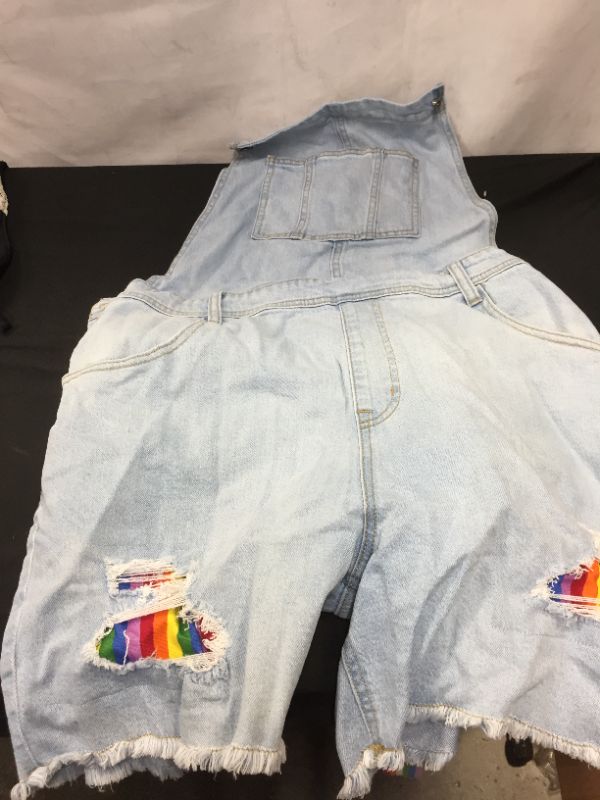 Photo 2 of Pride Gender Inclusive Adult 5" Rainbow Jean Strap Shortalls - Light Blue XL
