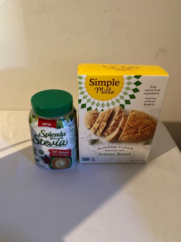 Photo 3 of 2PC LOT
Simple Mills Almond Flour Baking Mix, Gluten Free, Made with whole foods, (Packaging May Vary), (Pack of 1) Artisan Bread Mix, 10.4 Ounce
EXP 09/23/2021

SPLENDA Naturals Stevia Zero Calorie Sweetener (19 Ounce Jar), EXP 07/12/2024 (CAP HAS A CRAC