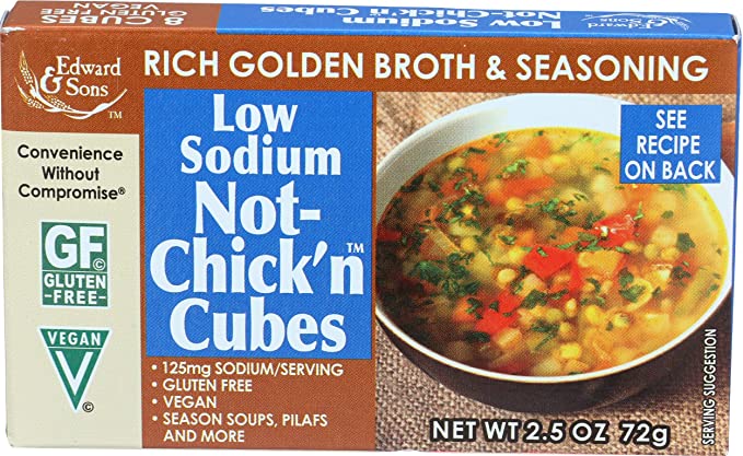 Photo 1 of 2PC LOT
Edward & Sons Low Sodium Not Chicken Bouillon Cubes, 2.5 oz, 2COUNT, 16PCS
EXP 09/20/2021