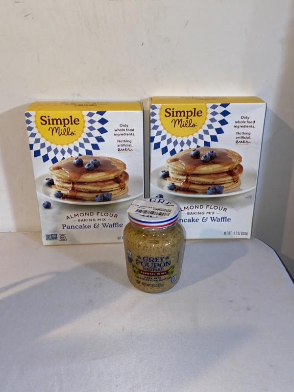 Photo 3 of 3PC LOT
Simple Mills Almond Flour Pancake Mix & Waffle Mix, Gluten Free, Made with whole foods, (Packaging May Vary), 2 COUNT, EXP 10/15/2021

Grey Poupon Country Dijon Coarse Ground Mustard (8 oz Jar), EXP UNKNOWN
