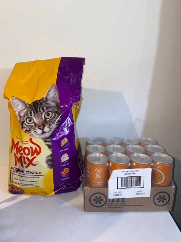 Photo 3 of 2PC LOT
Meow Mix Original Choice Dry Cat Food, 6.3-lb bag, EXP 06/17/2022

IZZE Sparkling Juice, Clementine, 8.4 Fl Oz (12 Count), EXP 10/25/2021