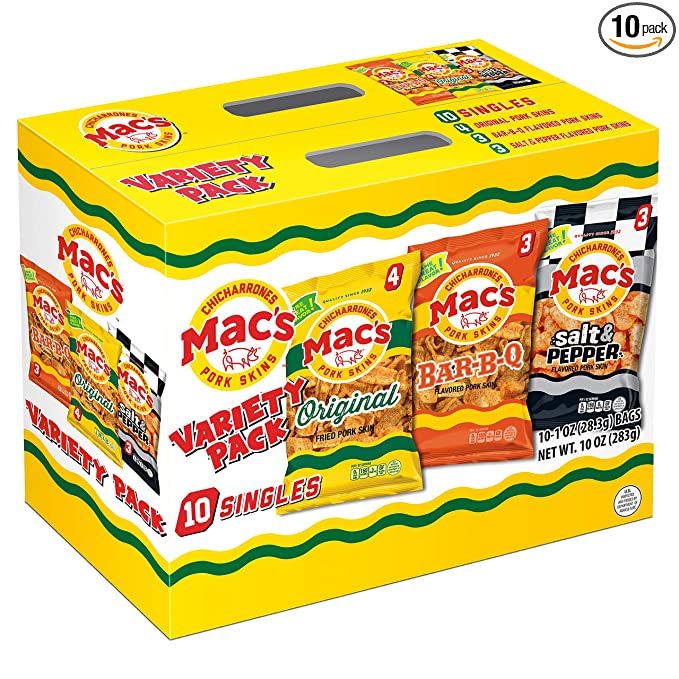 Photo 2 of 2PC LOT
Meow Mix Original Choice Dry Cat Food, 6.3-lb bag, EXP 06/17/2022

Mac's Variety Pack Pork Rinds, 1 Oz Bags, 10 Count, EXP 10/26/2021