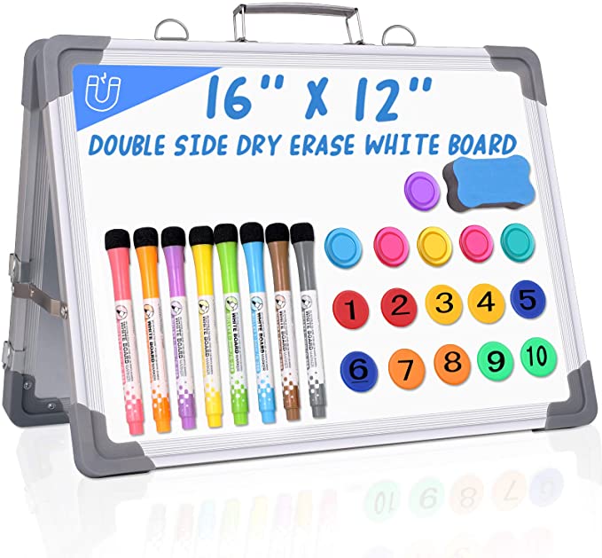 Photo 1 of 12" X 16" Small Dry Erase White Board, Double Sided Magnetic Dry Erase Board with Holder and 10 Digital Magnets Beads , 8 Pens, 6 Magnets & 1 Eraser Foldable Desktop Whiteboard for School Home Office
FACTORY SEALED 