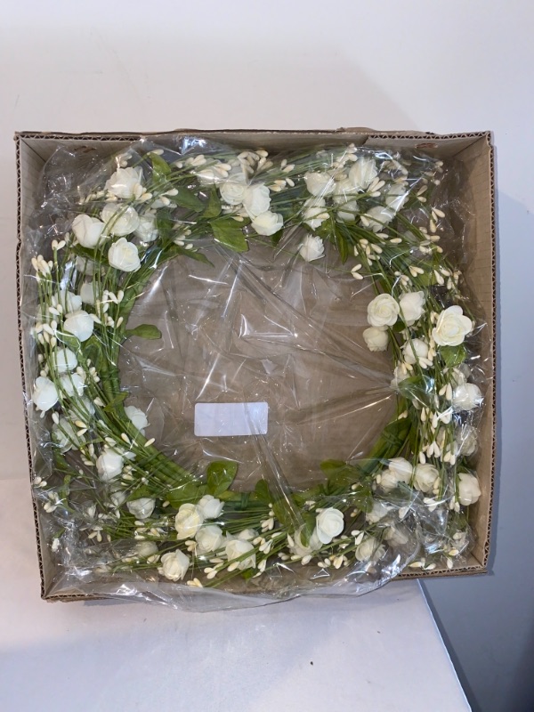 Photo 1 of 12 inch Artificial Spring Wreath White Floral Wreath for Front Door Wall Wedding Party Home Decor