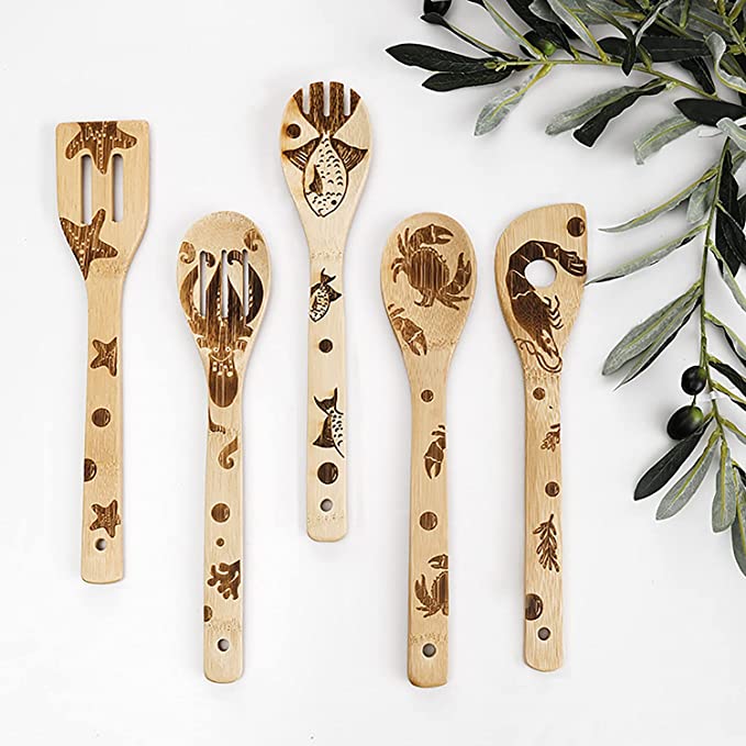 Photo 1 of 2 PC LOT
Kitchen Utensils Set 5 Pcs, Laser Engraved Bamboo Wooden Spoon Cooking Utensil Set for Nonstick Cookware Ocean Themed, 3 COUNT