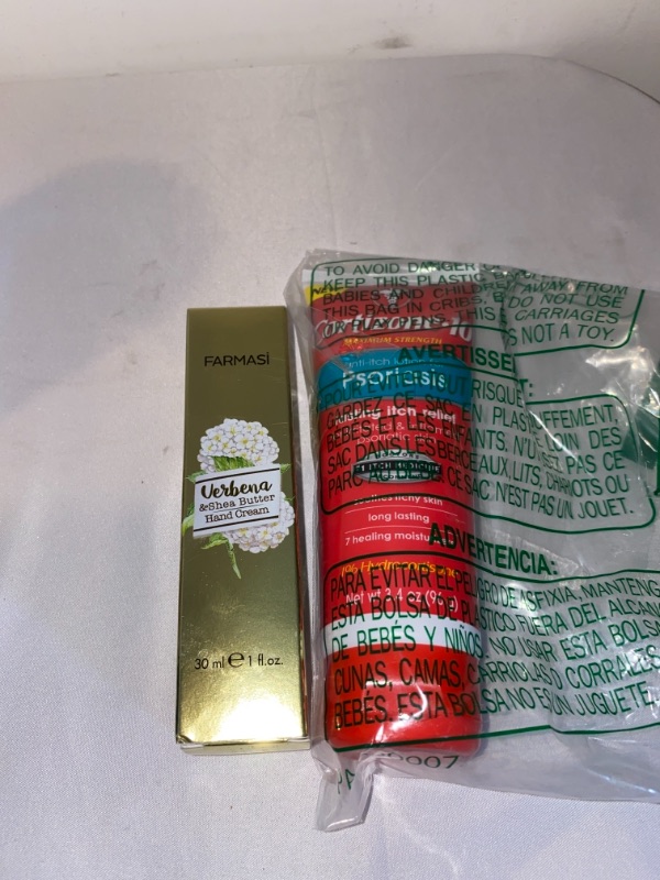 Photo 3 of 2PC LOT
Farmasi Verbena & Shea Butter Hand Cream, 30 ml./1 fl.oz.

Cortizone 10 Anti-Itch Lotion for Psoriasis, Maximum Strength 1% Hydrocortisone, Clear, 3.4 Ounce (B01DCTB9X2), EXP 04/2023