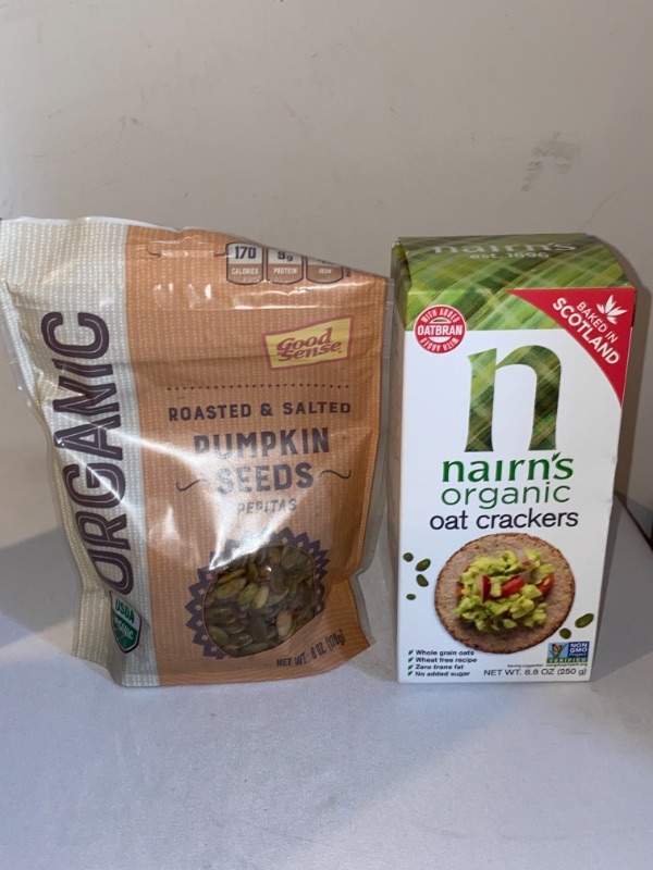 Photo 3 of 2PC LOT
Good Sense Roasted & Salted Organic Pumpkin Seeds (Pepitas), Non-GMO & All Natural, 6 Ounce Resealable Bag, EXP 11/12/2021

NAIRNS Organic Oat Cakes, 8.8 OZ, 10/24/2021