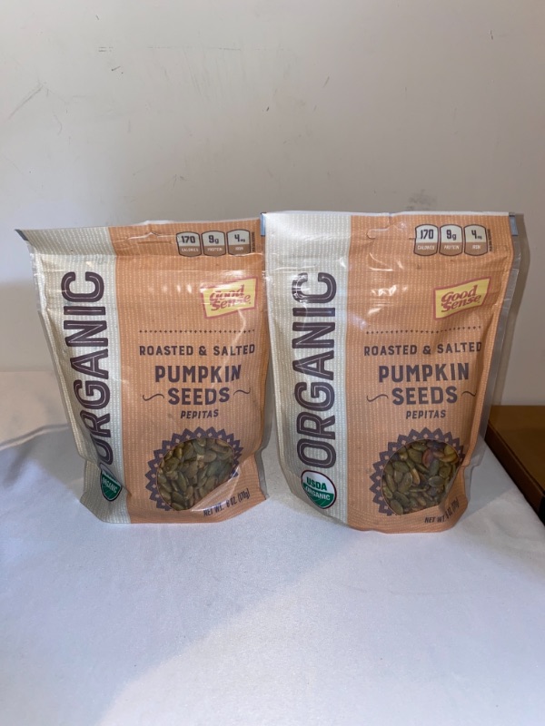 Photo 2 of 2PC LOT
Good Sense Roasted & Salted Organic Pumpkin Seeds (Pepitas), Non-GMO & All Natural, 6 Ounce Resealable Bag, 2 COUNT
EXP 11/12/2021