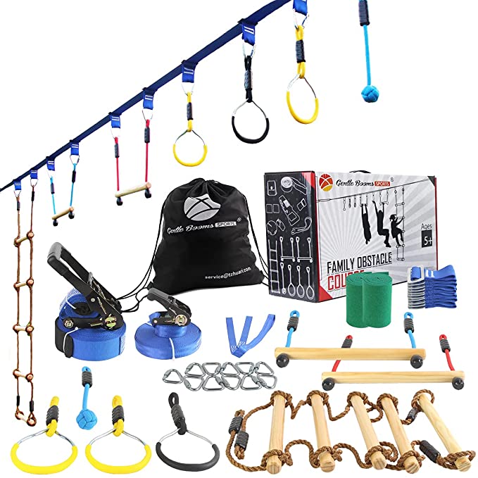 Photo 1 of Ninja Warrior Line Obstacle Course for Kids Outside-250FT Slackline Kit, Hanging Activities Accessories - Monkey Bar, Rope Ladder, Monkey Fist, Rings for Backyard Tree Training Equipment Outdoor Play