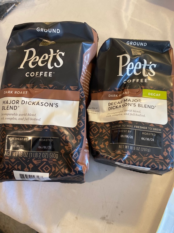 Photo 3 of 2PC LOT
Peet's Coffee, Decaf Major Dickason's Blend - Dark Roast Decaffeinated Ground Coffee - 10.5 Ounce Bag, EXP 09/08/2021

Peet's Coffee, Major Dickason's Blend - Dark Roast Ground Coffee - 18 Ounce Bag, EXP 08/30/2021