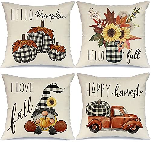 Photo 1 of AENEY Fall Decor Pillow Covers 20x20 Set of 4 Buffalo Plaid Pumpkin Truck Sunflower Vase Outdoor Fall Pillows Decorative Throw Pillows Farmhouse Thanksgiving Cushion Case for Couch A408-20