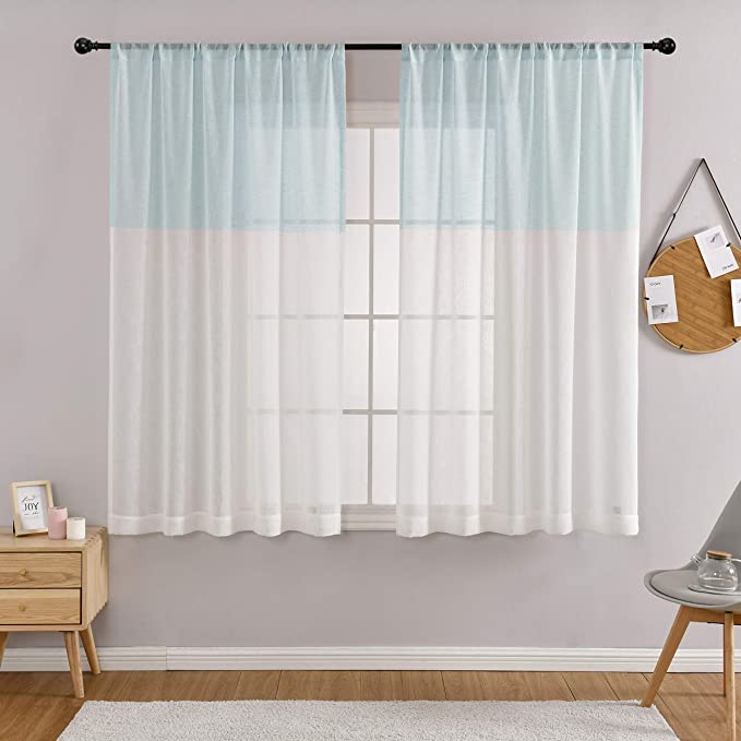 Photo 1 of Color Block Sheer Curtains Blue and White Set of 2 Panels Rod Pocket Blue Sheer Curtains 72 Inches Long Rustic Stripe Drape Treatment for Bedroom Living Room Farmhouse