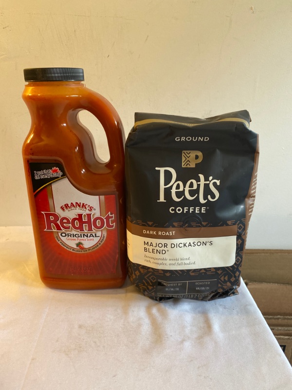 Photo 1 of 2PC LOT
Peet's Coffee, Major Dickason's Blend - Dark Roast Ground Coffee - 18 Ounce Bag, EXP 11/16/2021

Frank's RedHot Original Cayenne Pepper Sauce (Keto Friendly), 32 fl oz, EXP 11/23/2022
