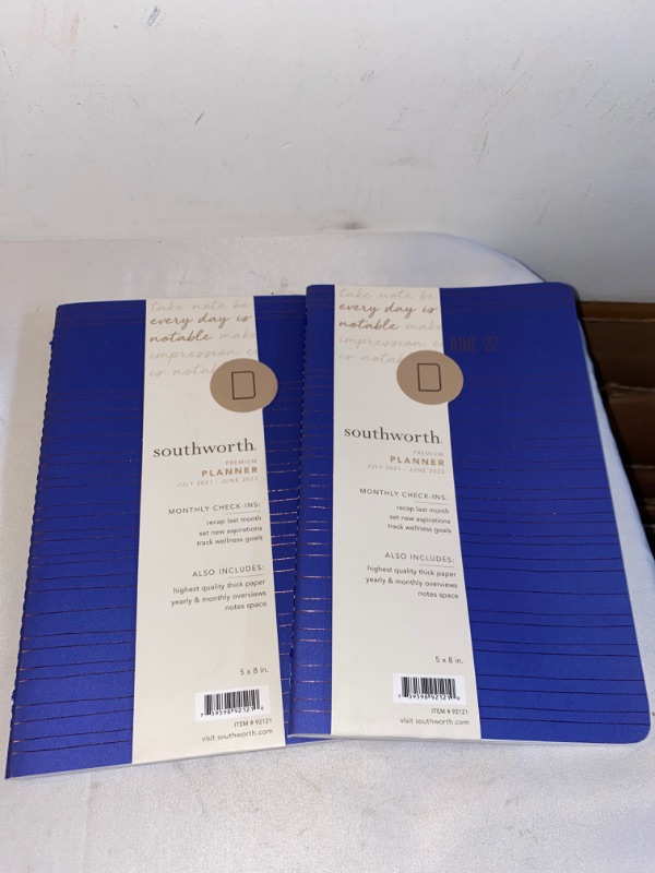 Photo 2 of 2PC LOT
Southworth Academic Planner (July 2021-June 2022), 5" x 8", Cobalt Metallic Stripe, 28 lb./105 gsm Paper, Small Flex (92121), 2 COUNT