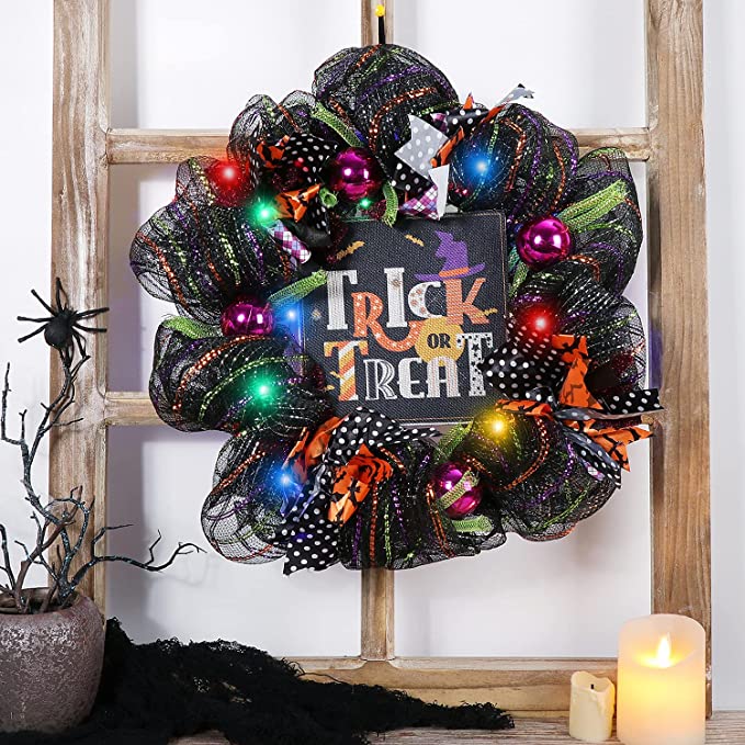 Photo 1 of 16 Inch Halloween Wreath with Lights, Trick or Treat Sign Deco Mesh Wreath with Bowknots and Ball Ornaments, Front Door Wall Window Halloween Decoration