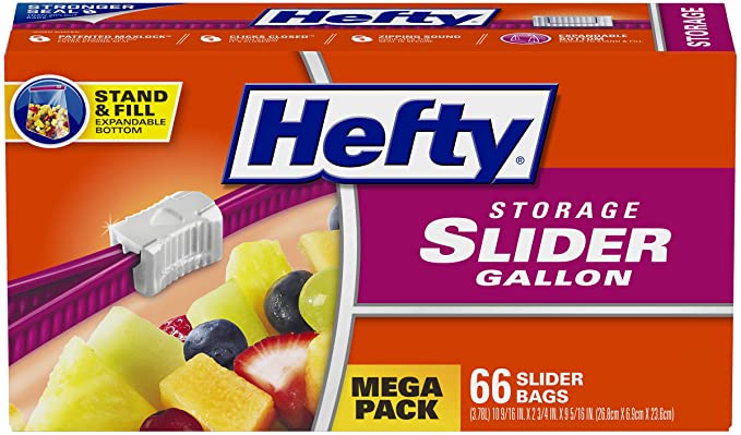 Photo 1 of 2PC LOT
Hefty Slider Storage Bags, Gallon Size, 66 Count, 2 COUNT, OPENED BOX 