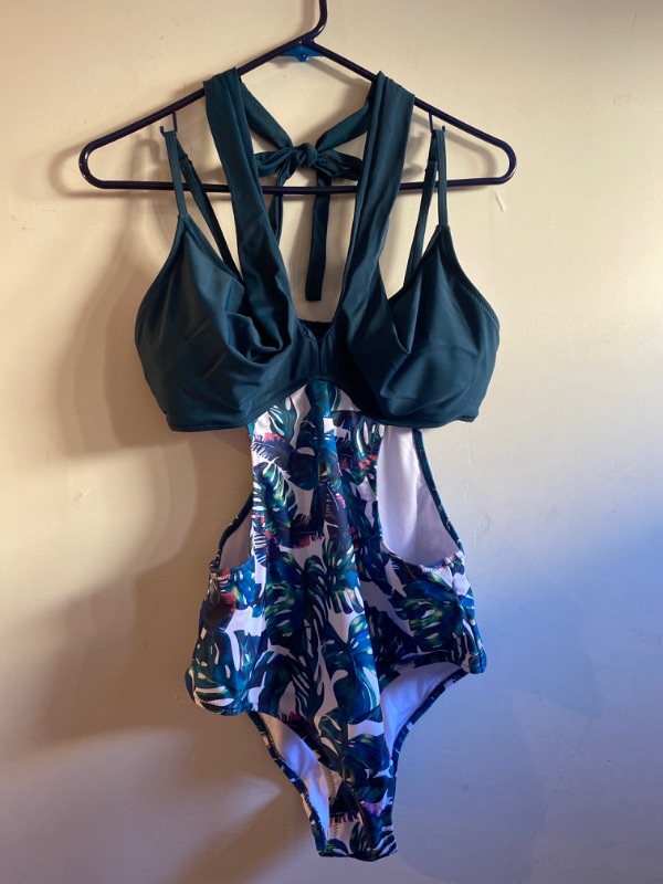 Photo 1 of 1PC WOMEN'S SIDE CUT OUT BATHING SUIT, LEAF PRINT, SIZE L