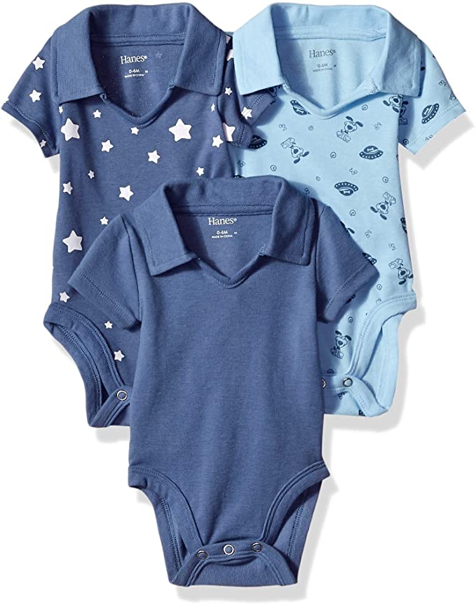 Photo 1 of Hanes unisex-baby Ultimate Baby Flexy 3 Pack Short Sleeve Polo Bodysuits, SIZE 0-6 MOS 
MISSING SOLID BLUE ONSIE 