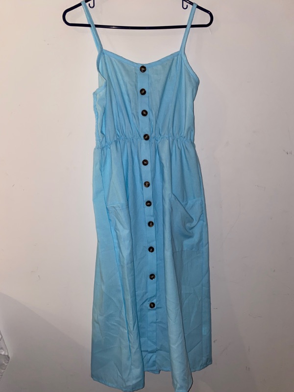 Photo 1 of WOMEN'S LIGHT BLUE STRAP DRESS WITH BROWN BUTTONS, SIZE L