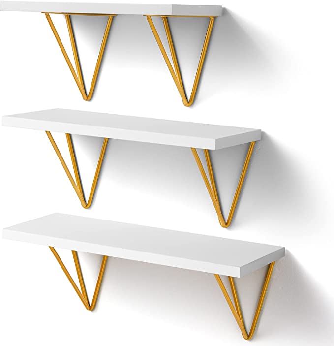 Photo 1 of AMADA HOMEFURNISHING White Floating Shelves - Wall Mounted Shelf with Triangle Golden Metal Brackets for Living Room, Bedroom, Kitchen Set of 3, AMFS12