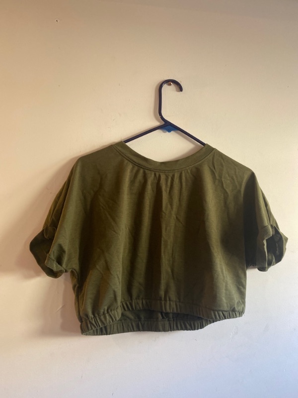 Photo 1 of 2 Pieces Sexy Set for Women Short Sleeve Crop Tops+Solid Color SHORTS Set, SIZE XL, OLIVE GREEN 