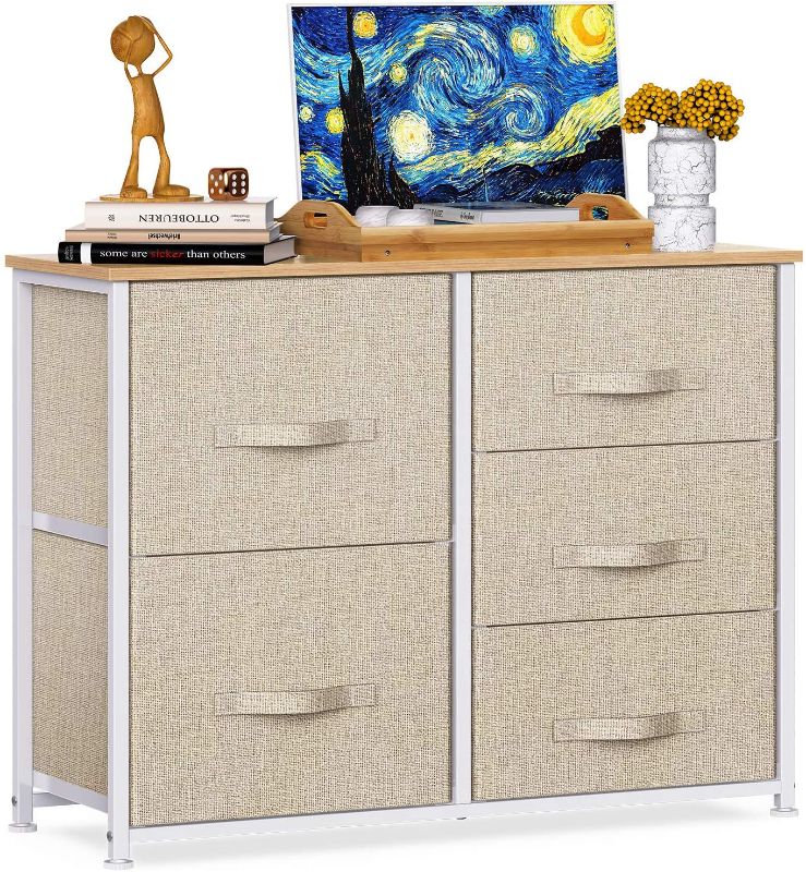 Photo 1 of 5 Drawer Fabric Storage Chest, Tall Dresser Storage Tower, Organizer Unit for Bedroom, Hallway, Entryway, Closets,Living Room and Nurseries-Sturdy Steel Frame, Wood Top, Easy Pull Handle by Pipishell
