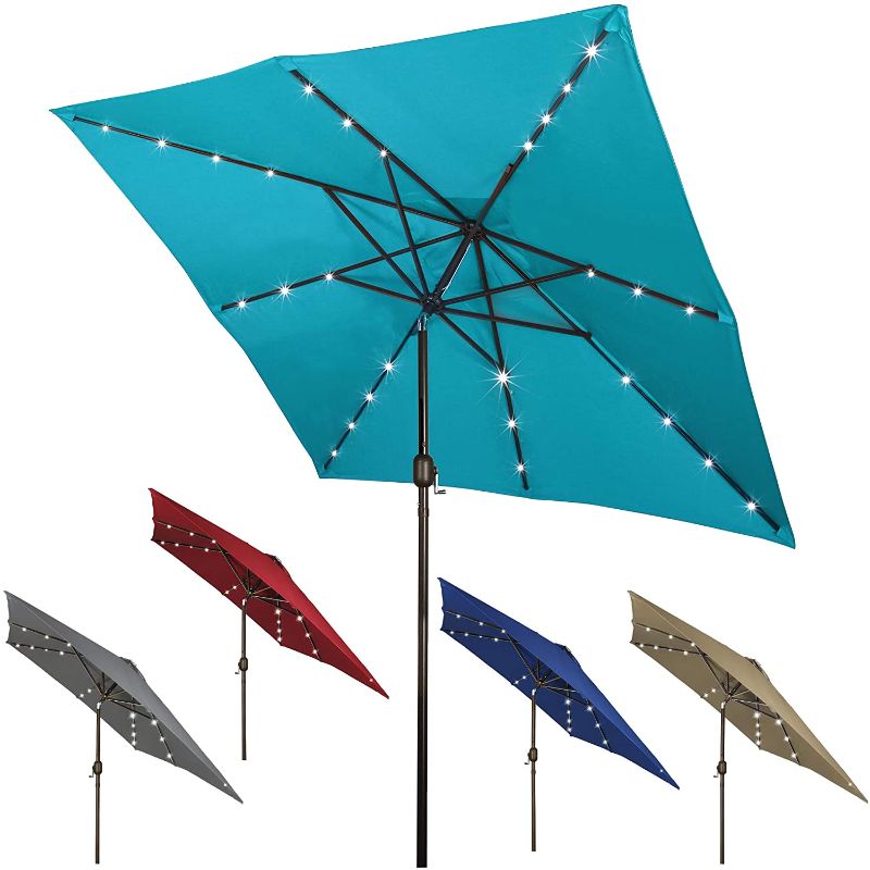 Photo 1 of Blissun Square Patio Umbrella with 28 LED Lights, Solar Umbrella Table Market Umbrella with Tilt and Crank Outdoor Umbrella for Garden, Deck, Backyard, Pool and Beach, Cerulean
