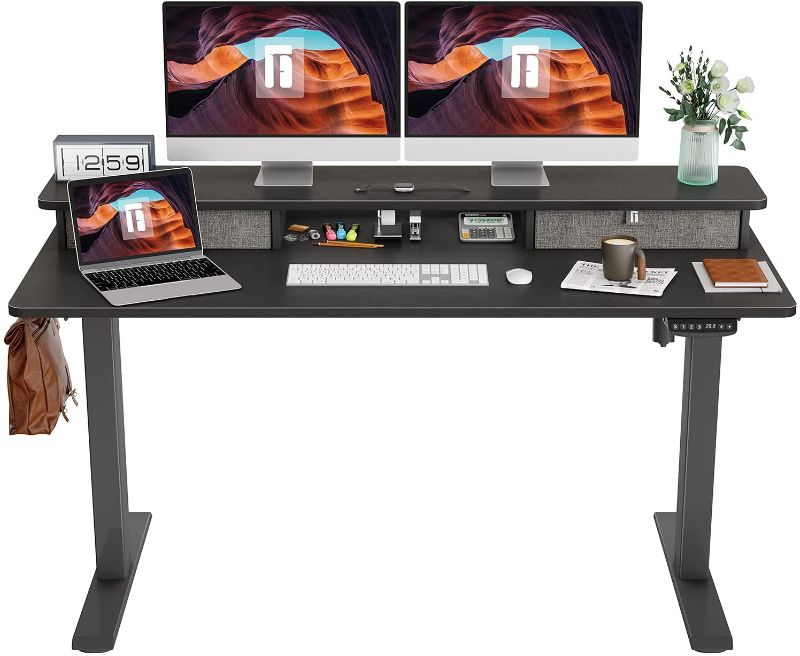 Photo 1 of FEZIBO Height Adjustable Electric Standing Desk with Double Drawer, 55 x 24 Inch Stand Up Table with Storage Shelf, Sit Stand Desk with Splice Board, Black Frame/Black Top
