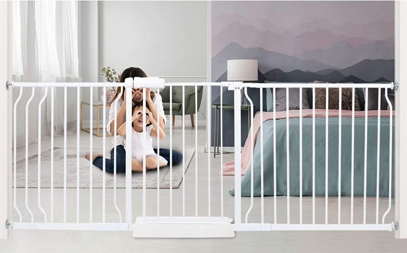 Photo 1 of HOOEN Extra Wide Baby Gates for Stairs Doorways Hallways Pressure Mounted Baby Gate Walk Through Child Gates for Kids or Pets Indoor Safety Gates 76.38-81.1 Inch
