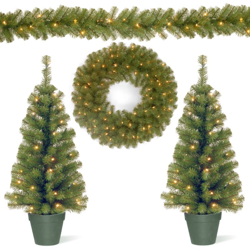 Photo 1 of 4pc Pre-Lit Battery Operated Artificial Christmas Set - Warm White LED Lights 9'